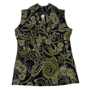 Vintage Y2K Green and Brown Floral Funky Fitted Sleeveless Women's Top